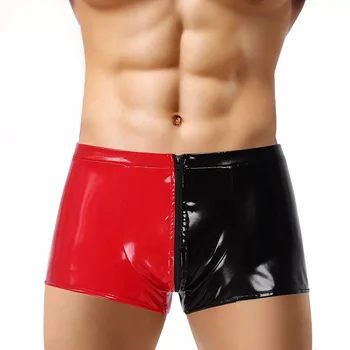 Черно-червено бельо в тон мъжки секси къси от лъскава лачена кожа от PVC