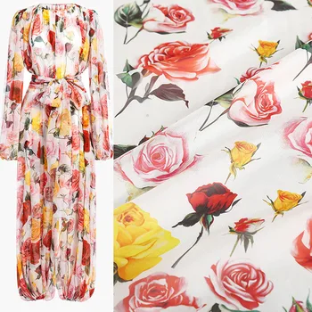 ширина 145 см, Модни тънка шифоновая плат с флорални принтом Рози За жена на летния рокли, блузи, панталони, плат за шиене със собствените си ръце