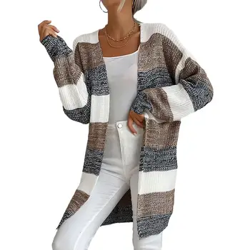 Яке от полиестер, вязаный пуловер с цветни блокчета, топла и стилна дамска есенно-зимна горна дреха с висока еластичност