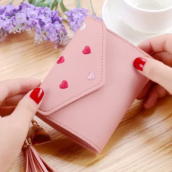 Японски многофункционален женски мини портфейл с бродерия във формата на сърце ярки цветове, женски кратък чантата си, скъпа портфейл за монети, опаковане карти