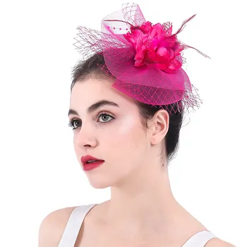 Ярко розови сватбени воали, украсени шапки-чародейками от пера, Сватбени Аксесоари за коса Или дамски официални шапки от плат 14 цвята в едно цвете.